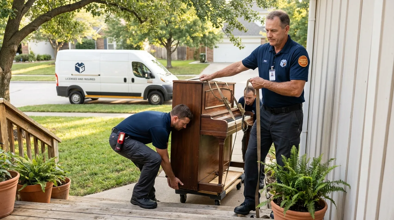 Licensed piano movers securing grand piano in Albany, NY