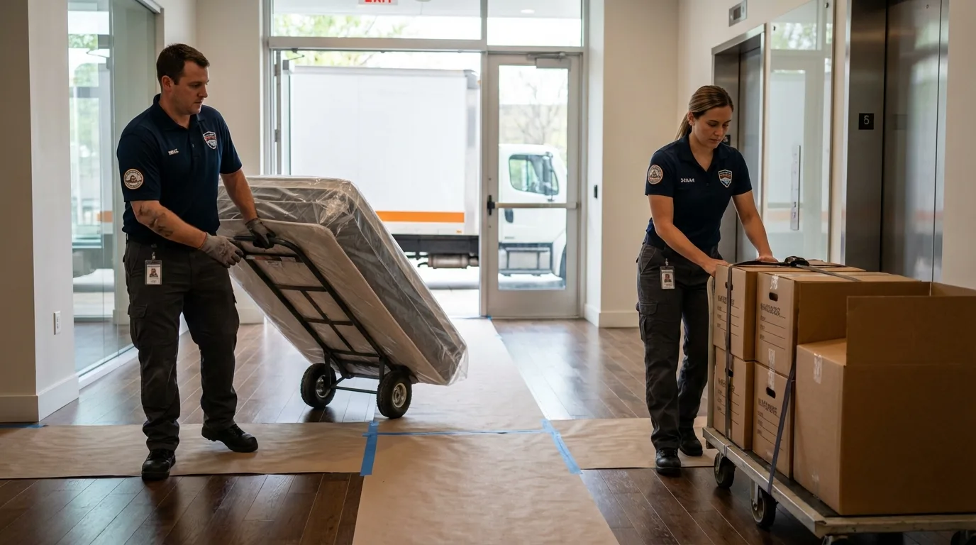 Professional apartment movers loading elevator in Albany, NY