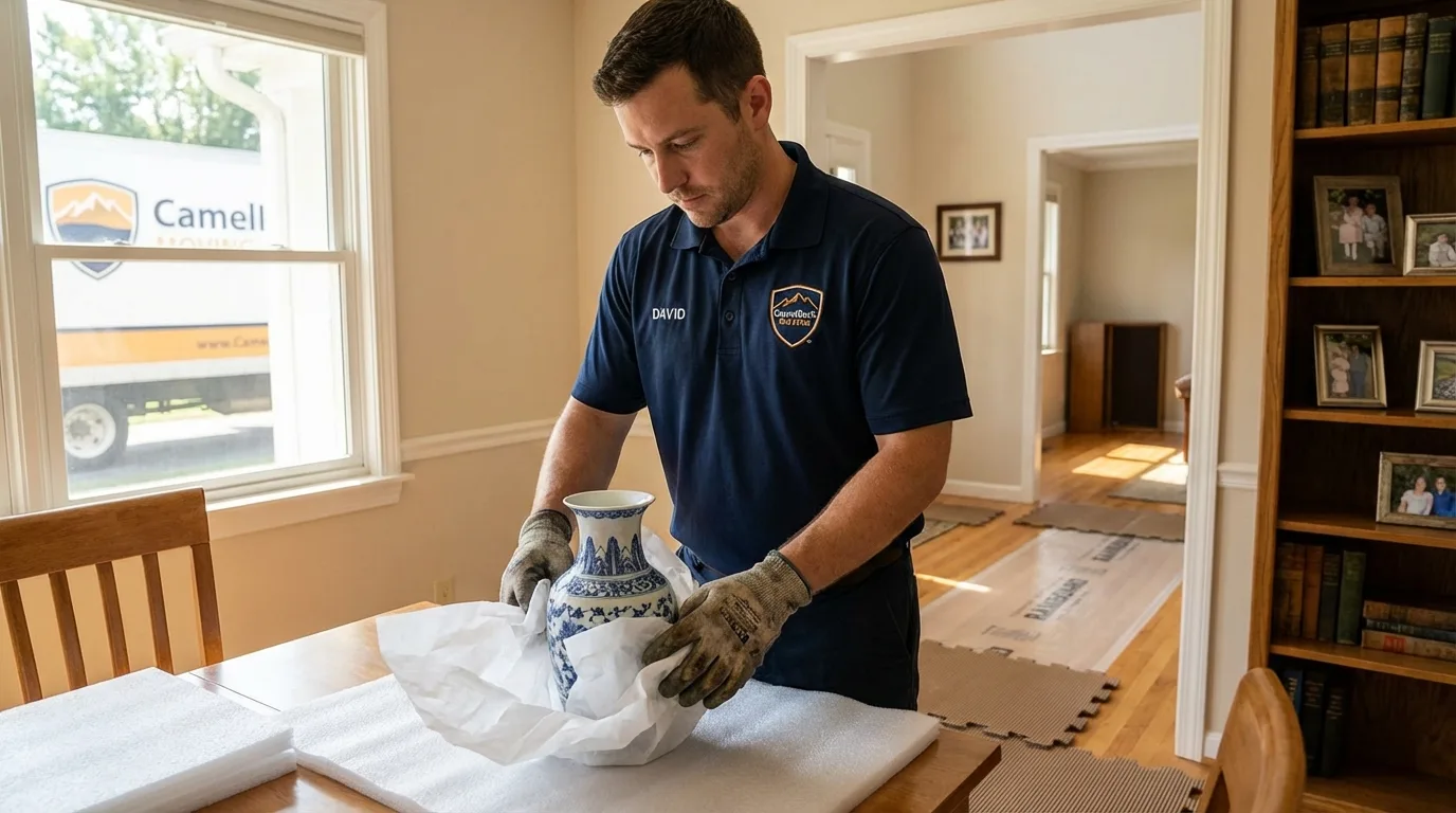 Professional crew carefully wrapping antique vase for senior downsizing move in Albany, NY